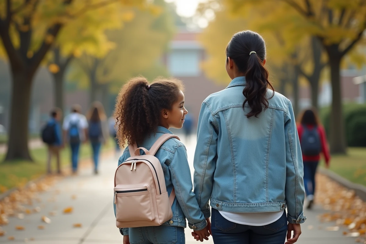 Fille de 10 ans avec sa mère devant l école