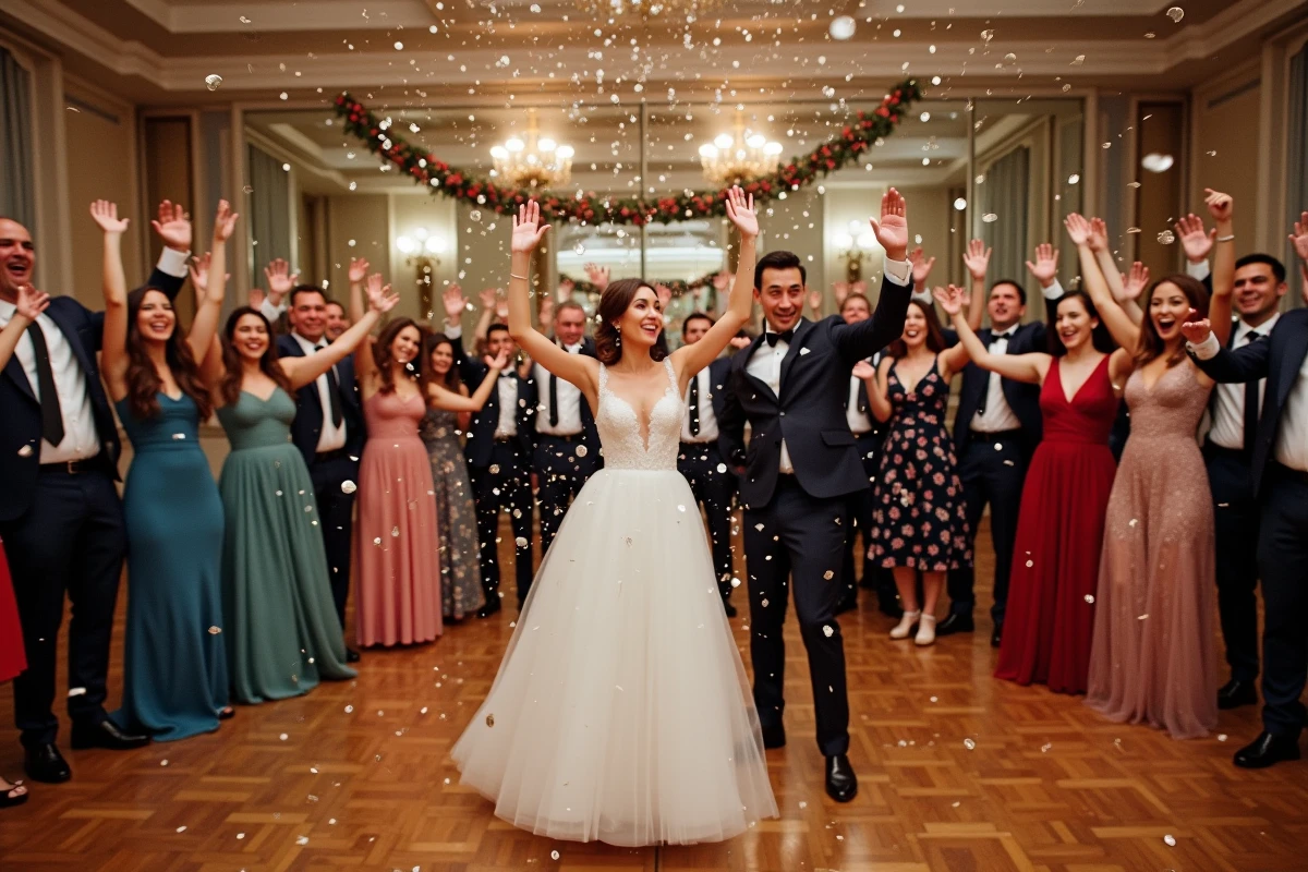 Invités de mariage réalisant un flash mob chorégraphié synchronisé sur la piste de danse devant les mariés surpris