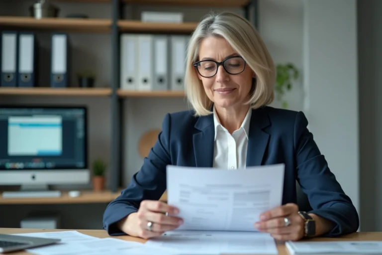 Fonctionnaire femme consultant des documents administratifs sur le calcul de l'indemnité de sujétion spéciale dans un bureau institutionnel