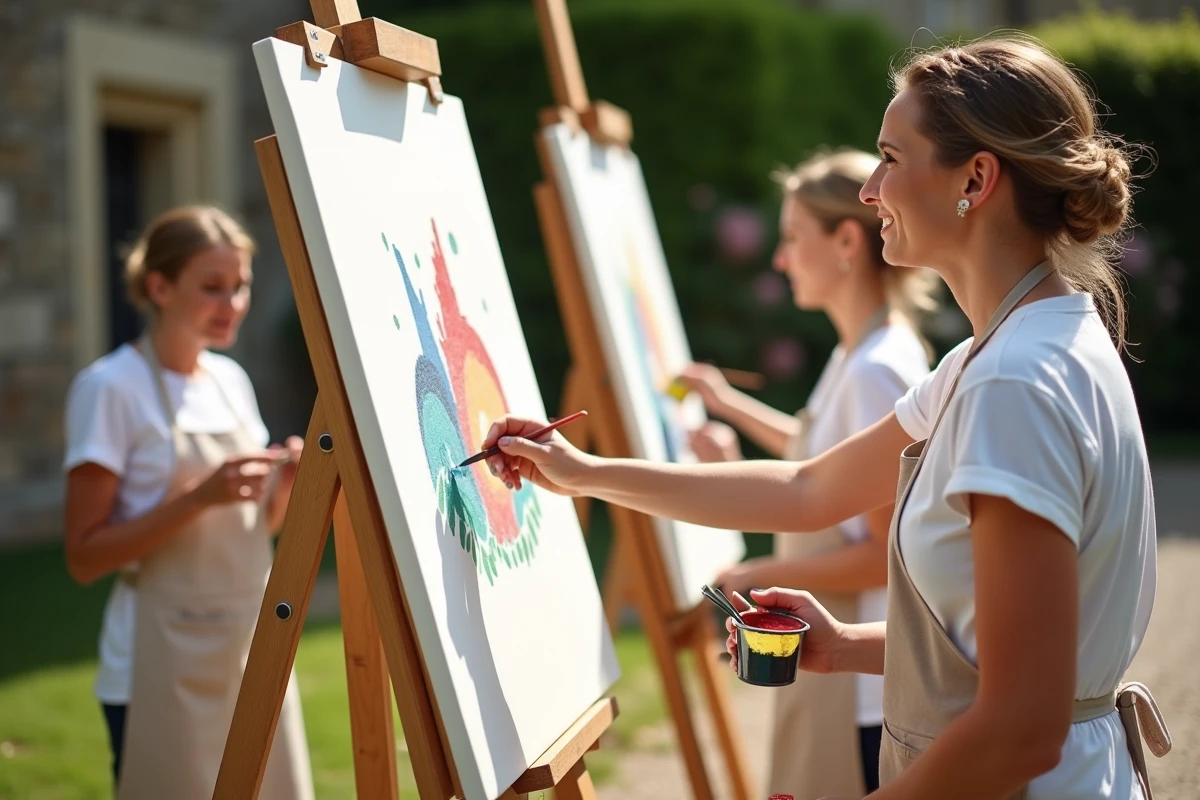 Invités de mariage peignant ensemble une fresque participative sur une grande toile lors de la réception