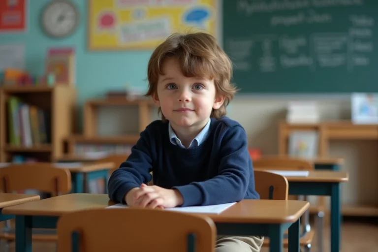 Garçon de 8 ans assis en classe avec expression calme