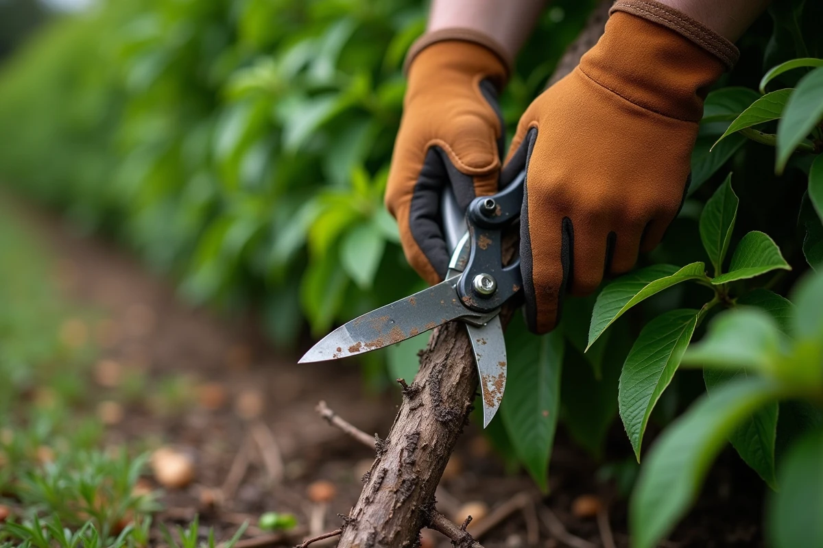 Gros plan sur des sécateurs coupant une branche intérieure épaisse lors de l'éclaircissage d'une haie de jardin