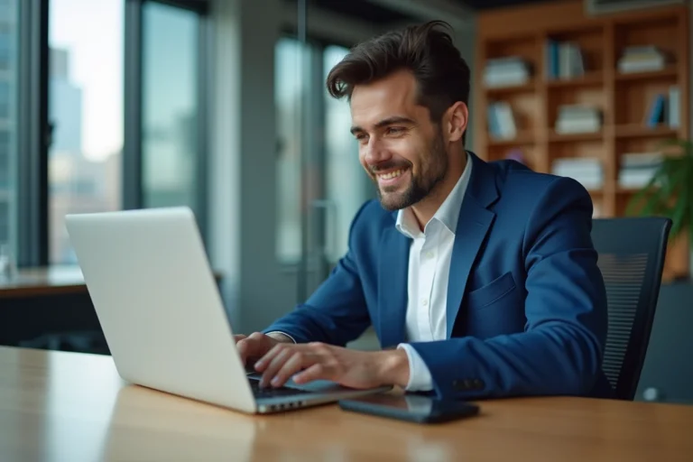 Jeune homme d'affaires analysant performance web en bureau
