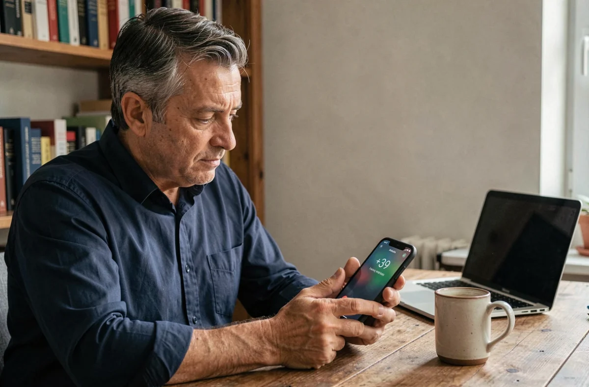Homme au bureau regardant un appel téléphonique avec l'indicatif pays +39 de l'Italie sur son téléphone mobile