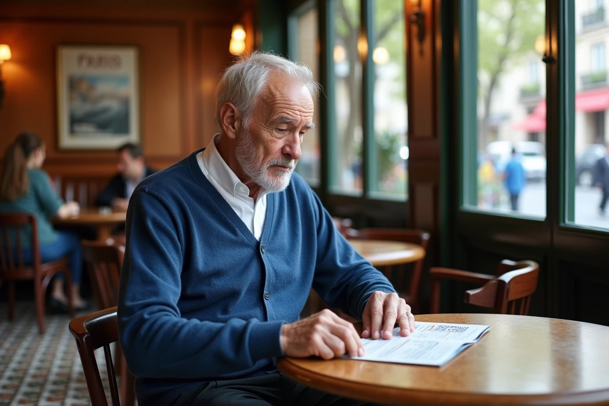 Homme âgé lisant dans un café parisien traditionnel