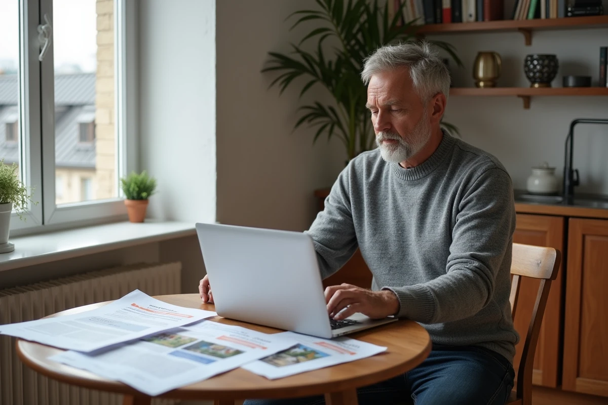 Homme consultant des annonces immobilières en ligne dans un appartement parisien contemporain