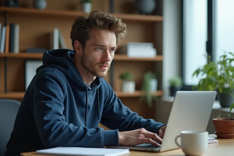 Jeune homme naviguant sur un site de téléchargement depuis son bureau à domicile en 2024