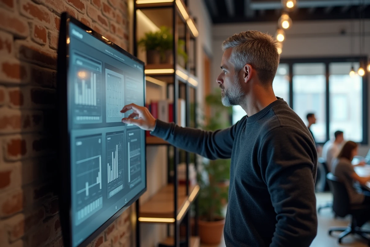 Uomo d'affari che consulta un cruscotto digitale multi-sezione su un grande schermo touch in uno spazio di coworking