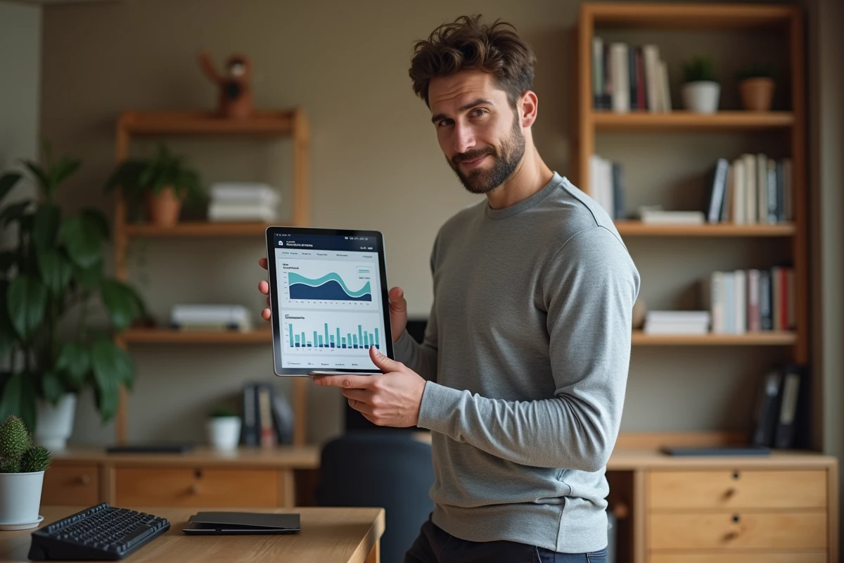 Homme en télétravail consultant des tendances marketing digital sur une tablette dans un bureau à domicile bien organisé