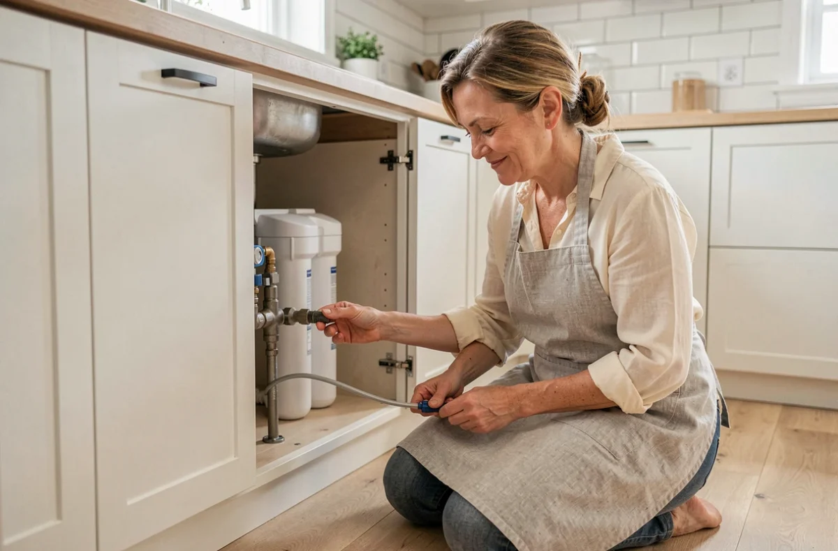 Femme installant un système de filtration d'eau sous évier dans une cuisine moderne, équipement habitat quotidien