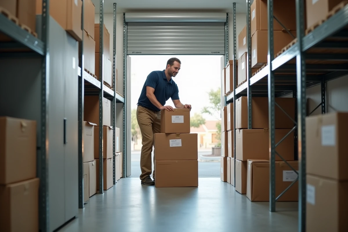 Homme organisant des cartons étiquetés dans un box de self-stockage propre et spacieux avec étagères métalliques