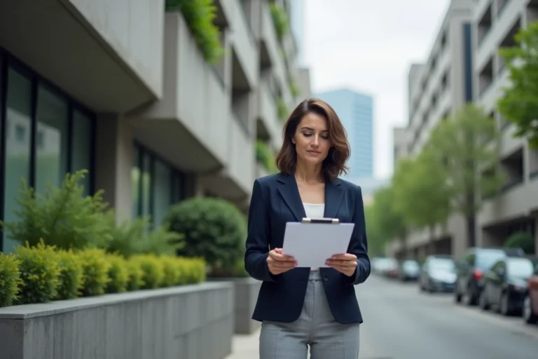 Femme professionnelle évaluant un immeuble résidentiel pour un investissement immobilier