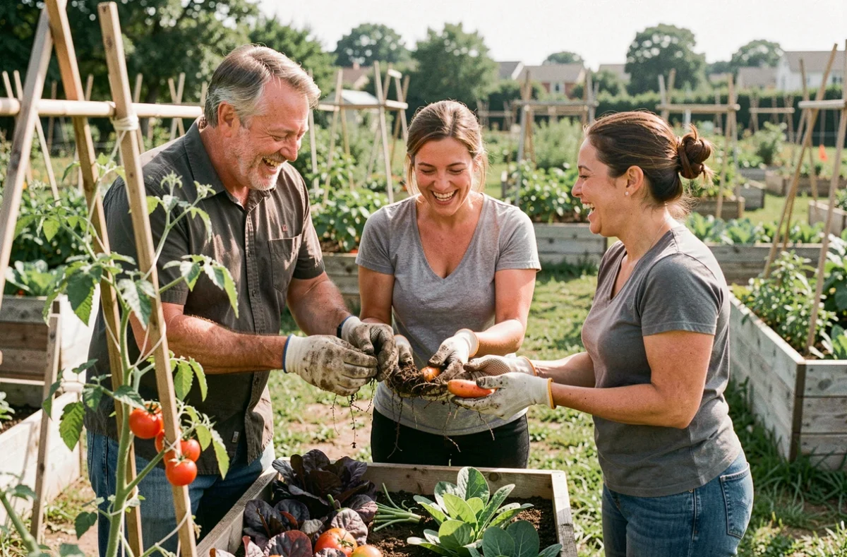 Groupe d'adultes récoltant des légumes frais dans un jardin potager communautaire, activité de plein air conviviale et intergénérationnelle