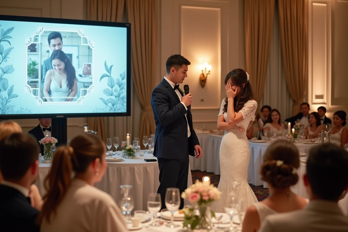 Animateur posant une question au couple de mariés lors du jeu du Elle et Lui devant les invités