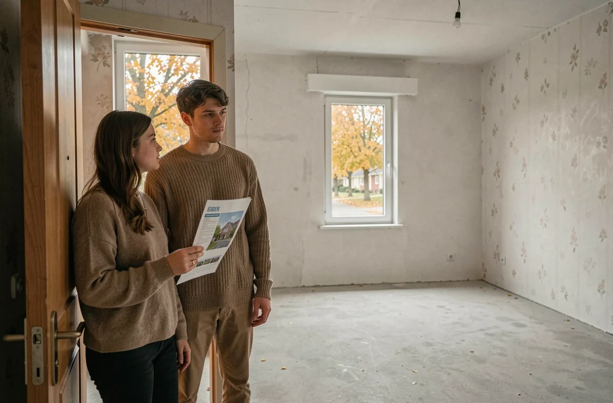 Jeune couple hésitant sur le pas de la porte d'un appartement vide lors d'une visite immobilière, tenant une annonce imprimée
