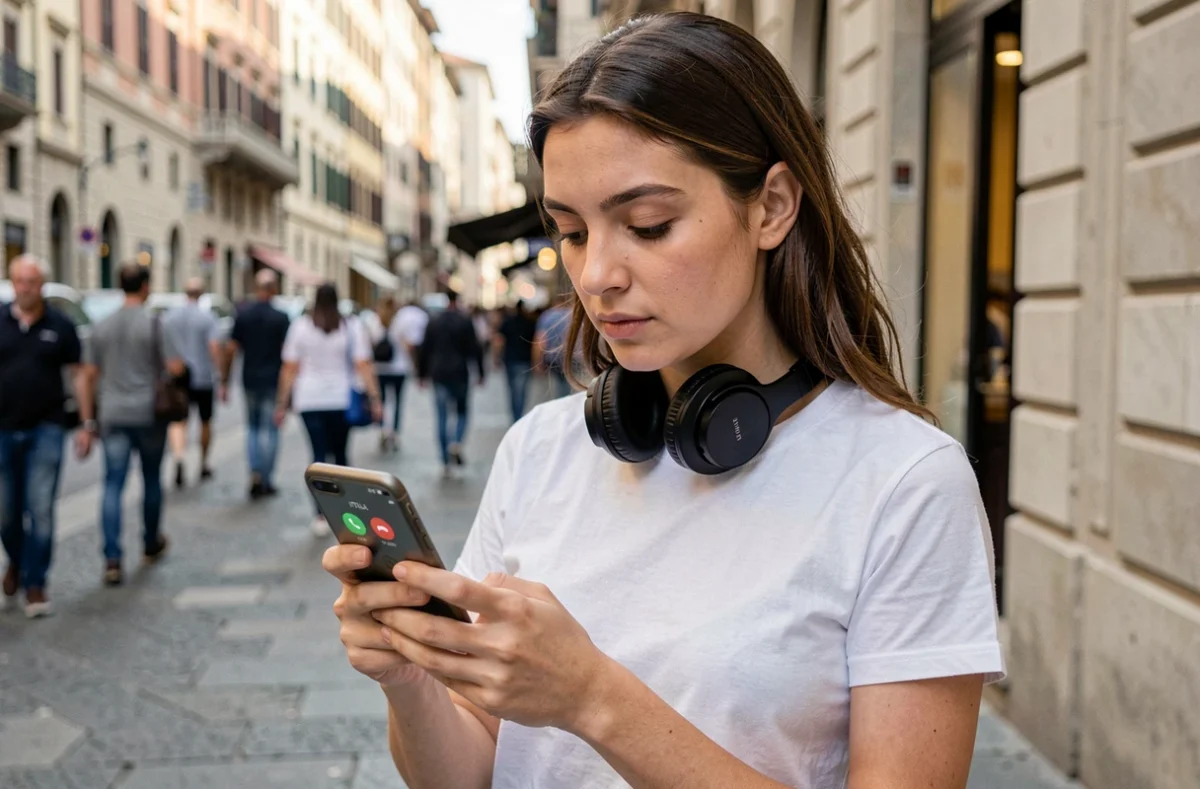 Jeune femme dans la rue consultant son téléphone avec un appel entrant affichant l'indicatif téléphonique +39 de l'Italie