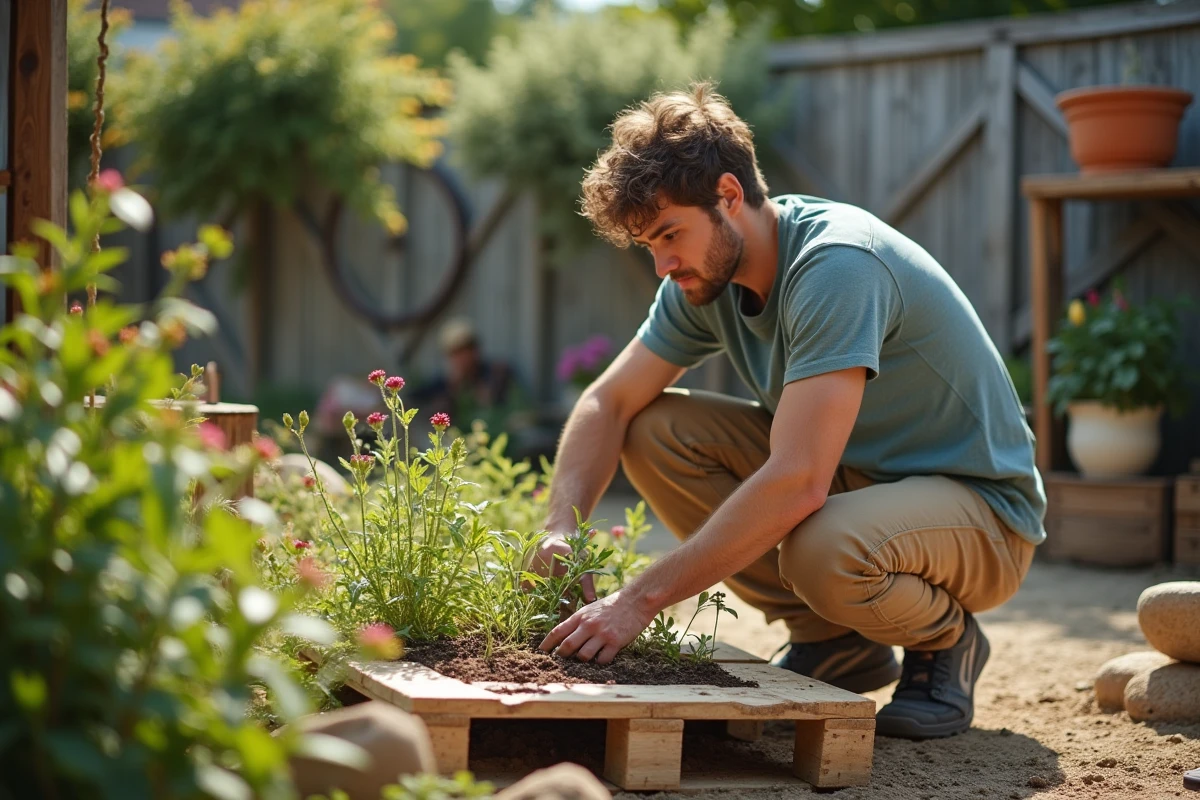 Jeune homme créant un jardin avec palette en extérieur
