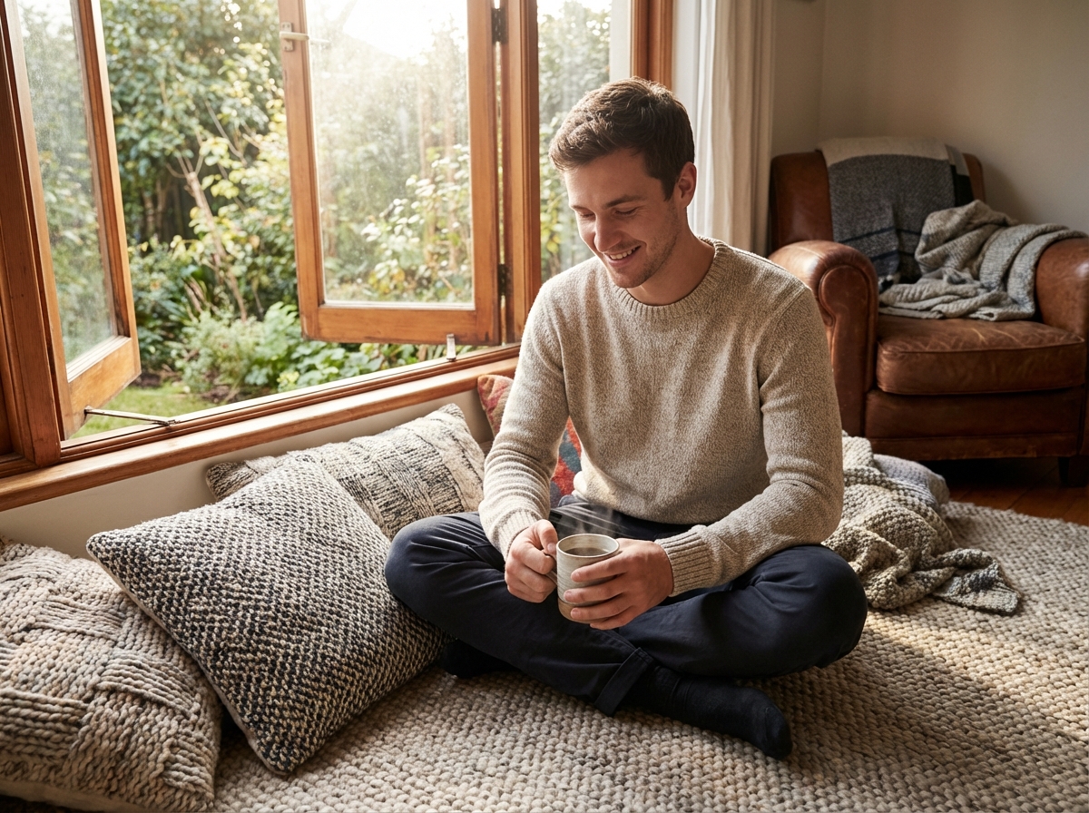 Jeune homme dans un coin lecture avec tasse de thé