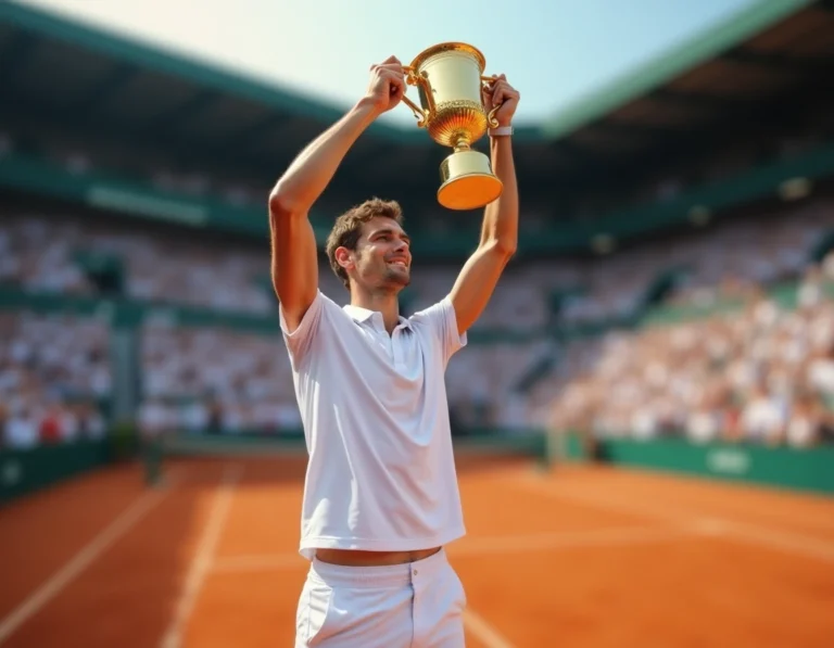 Joueur de tennis professionnel soulevant un trophée doré sur un court en terre battue lors d'un grand tournoi international