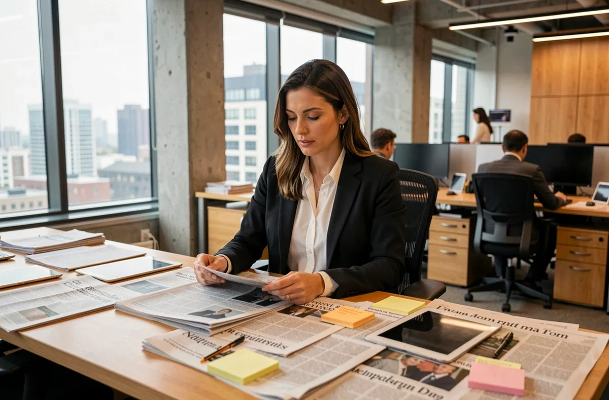 Journaliste femme travaillant dans une salle de rédaction moderne entourée de journaux et tablettes numériques