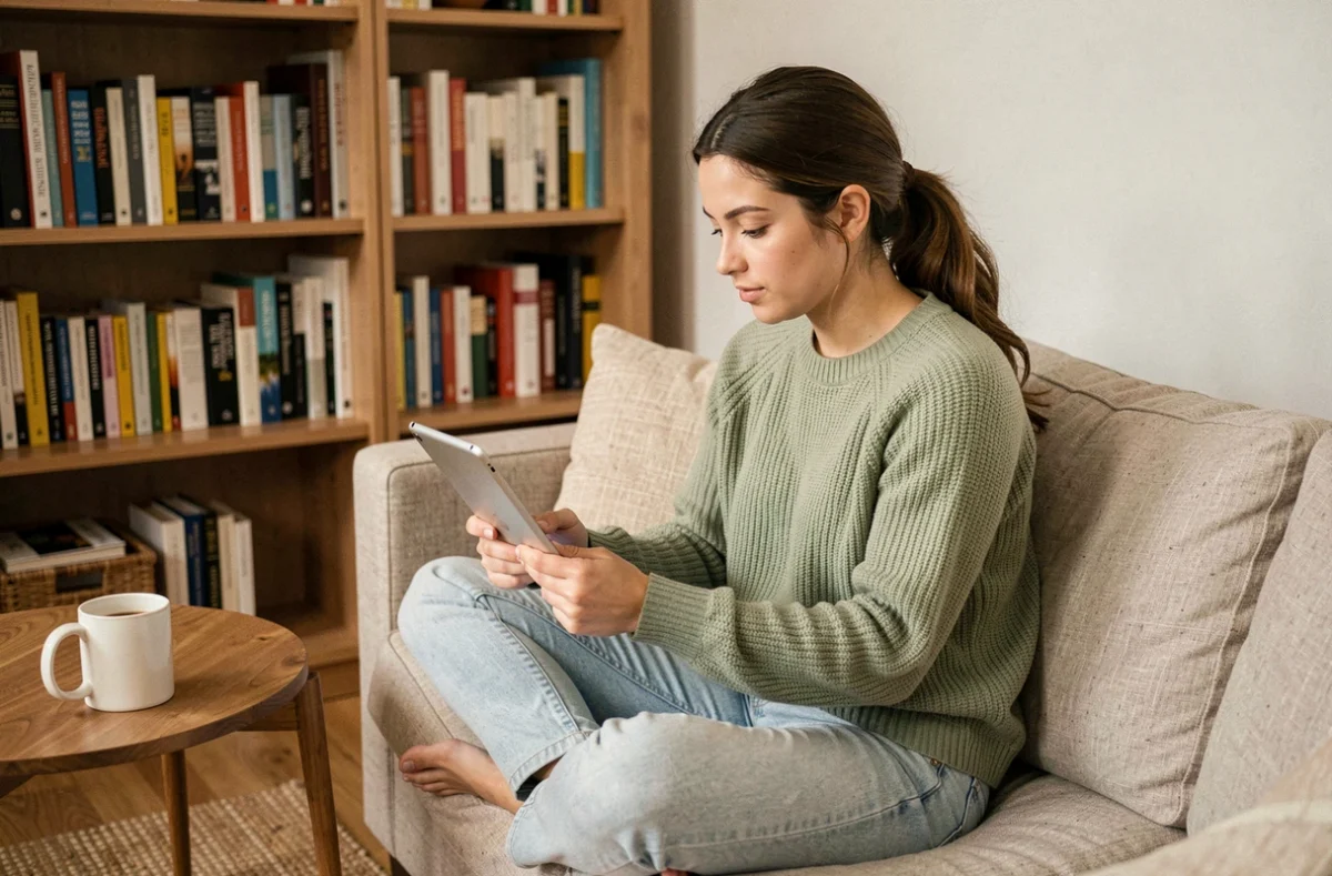 Jeune femme lisant les dernières actualités et nouveautés sur une tablette numérique dans un salon cosy
