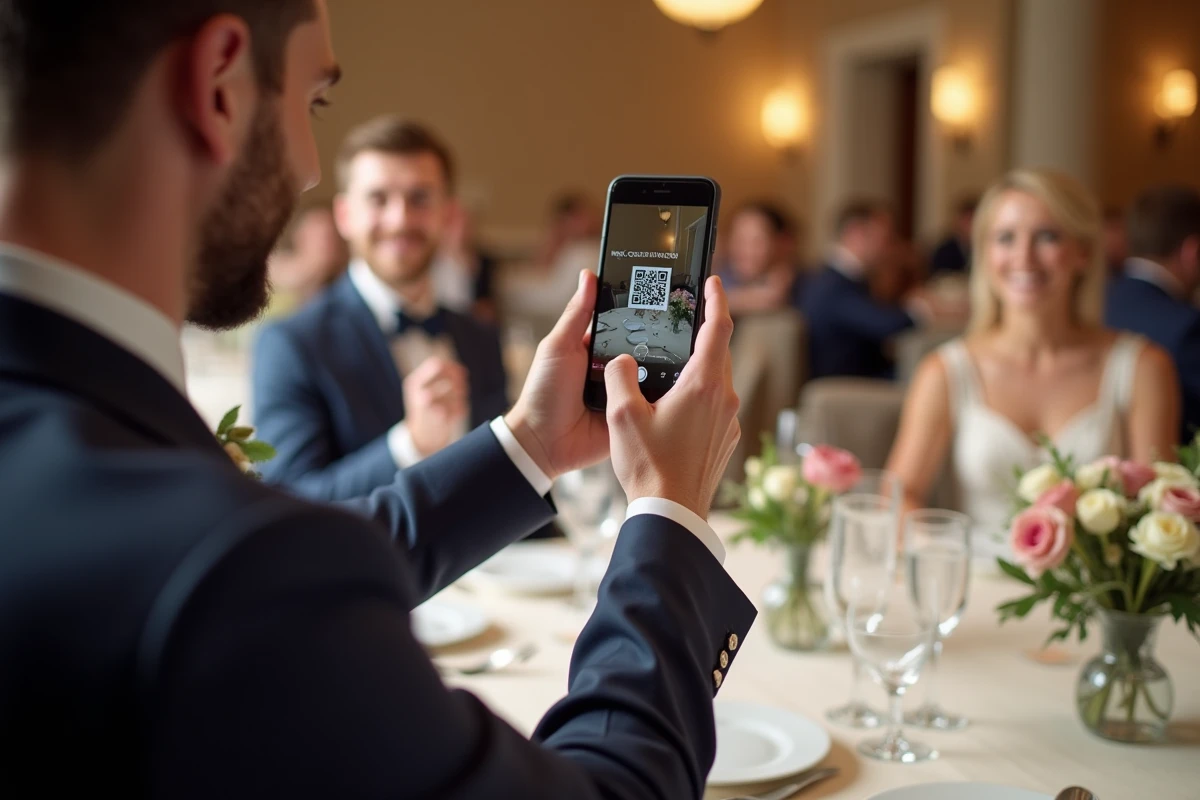 Invité de mariage enregistrant un message vidéo via un QR code pour le livre d'or numérique