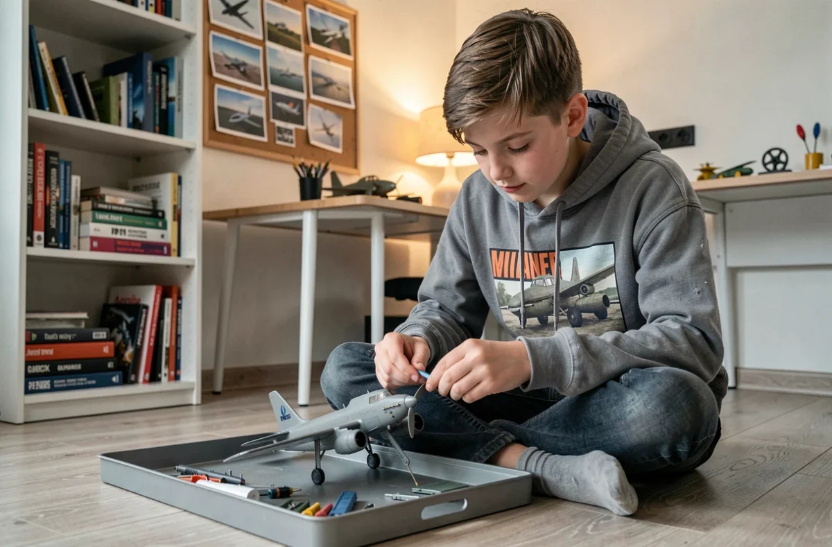 Adolescent concentré assemblant un modèle réduit d'avion dans sa chambre, loisir créatif et activité manuelle à la maison