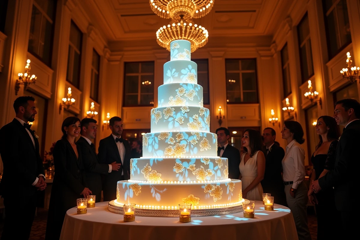 Pièce montée de mariage illuminée par un mapping vidéo projeté devant des invités émerveillés