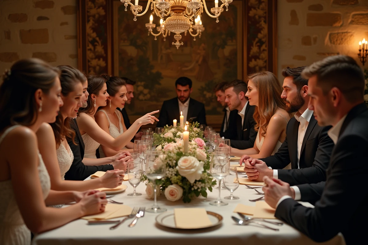 Invités de mariage jouant à une murder party autour d'une table de réception décorée dans un château