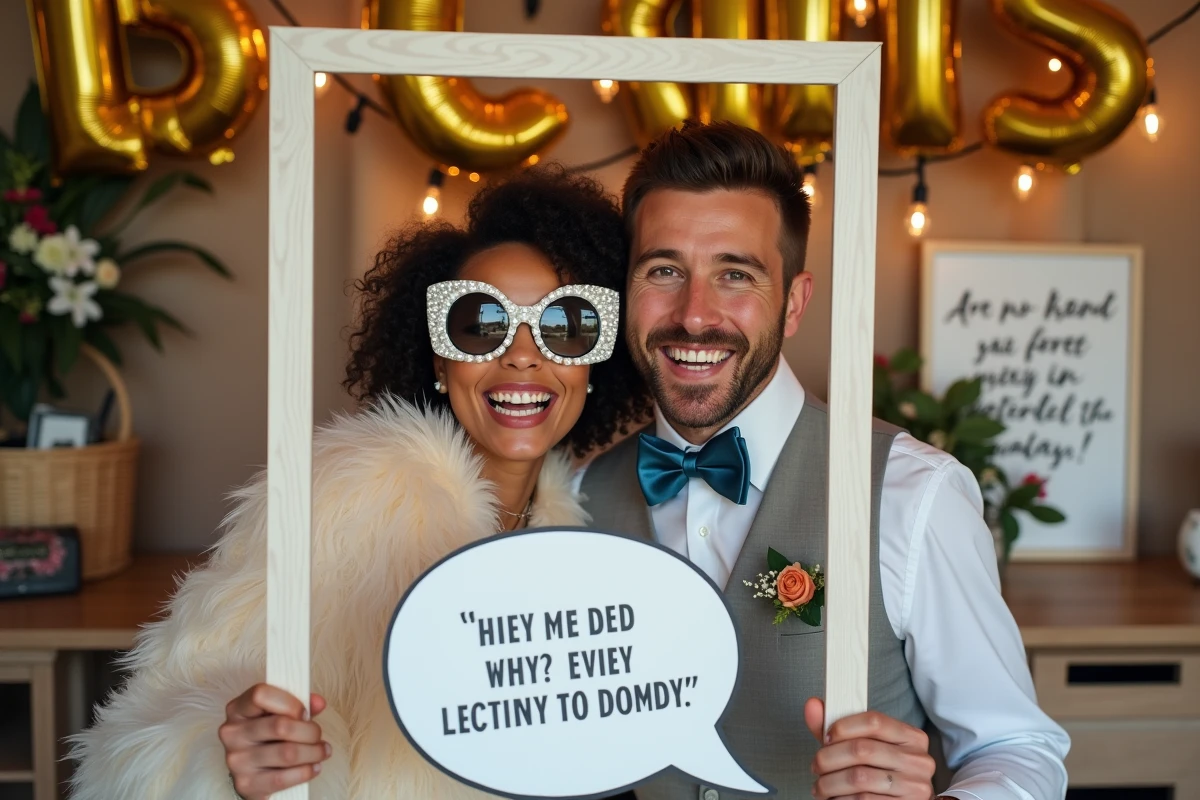 Couple d'invités posant avec des accessoires thématiques dans un photobooth décoré lors d'un mariage