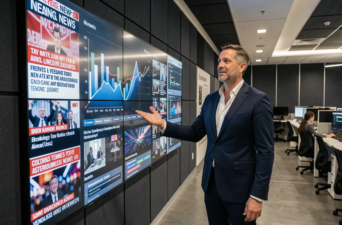 Présentateur médias devant un mur d'écrans diffusant des actualités et nouveautés en temps réel
