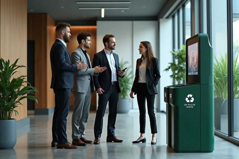 Groupe de professionnels autour d'une station de recyclage moderne