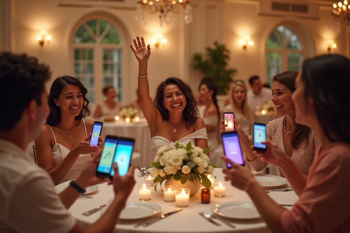 Invités de mariage participant à un quiz interactif sur smartphone autour d'une table de réception