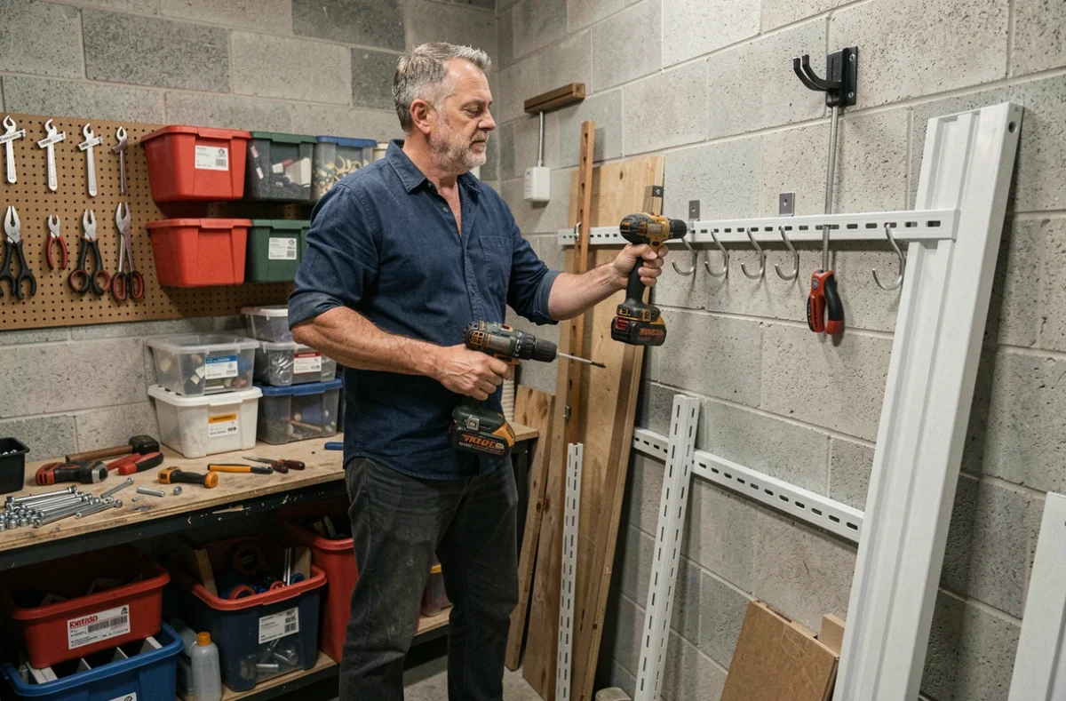 Homme installant un système de rangement mural modulable dans un garage atelier pour optimiser l'espace habitat