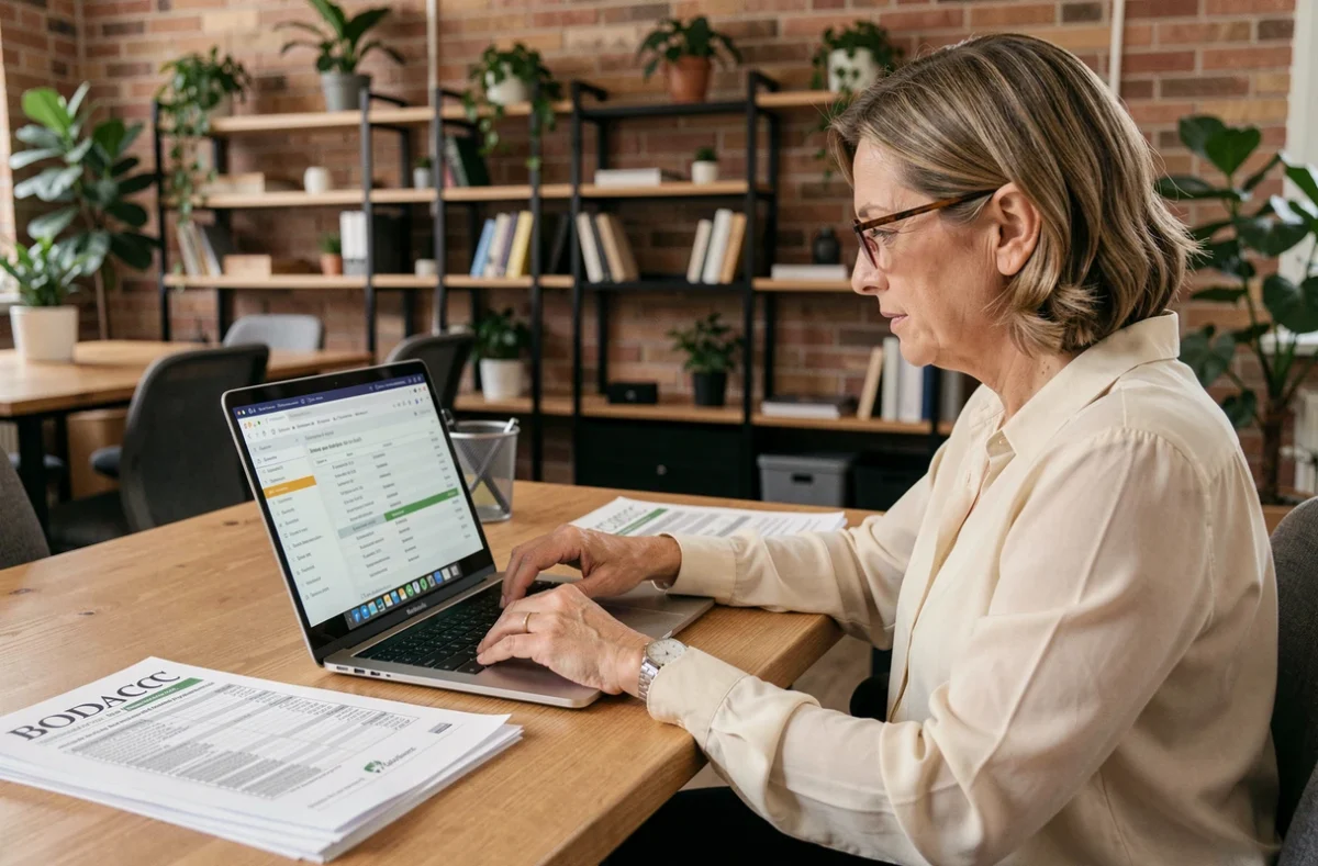 Femme consultant le BODACC et une base de données d'entreprises en liquidation sur un ordinateur portable dans un espace de coworking