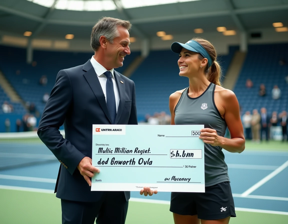 Remise d'un chèque de récompense géant à une joueuse de tennis professionnelle lors d'une cérémonie de remise des prix de tournoi