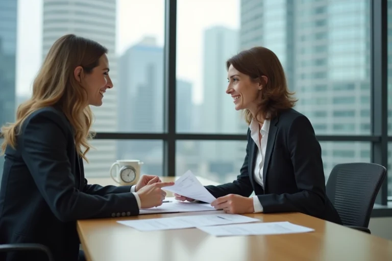 Femme et jeune homme en réunion d'assurance en bureau