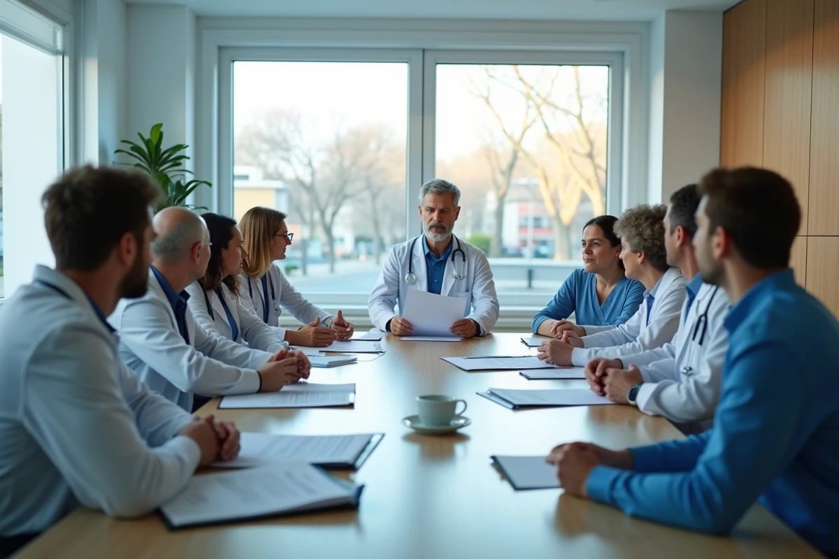 Groupe de professionnels de santé en réunion dans une salle lumineuse