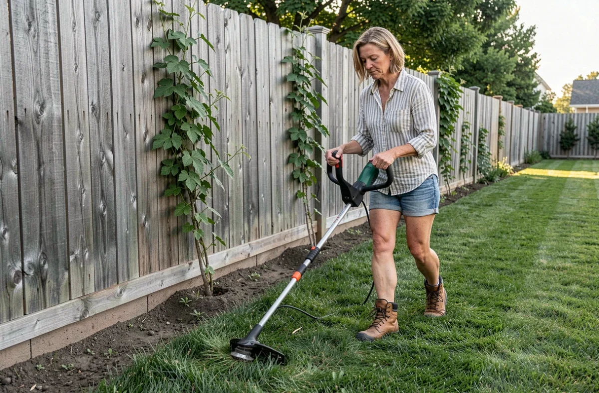 Femme utilisant un rotofil électrique pour border une clôture en bois dans un jardin soigné