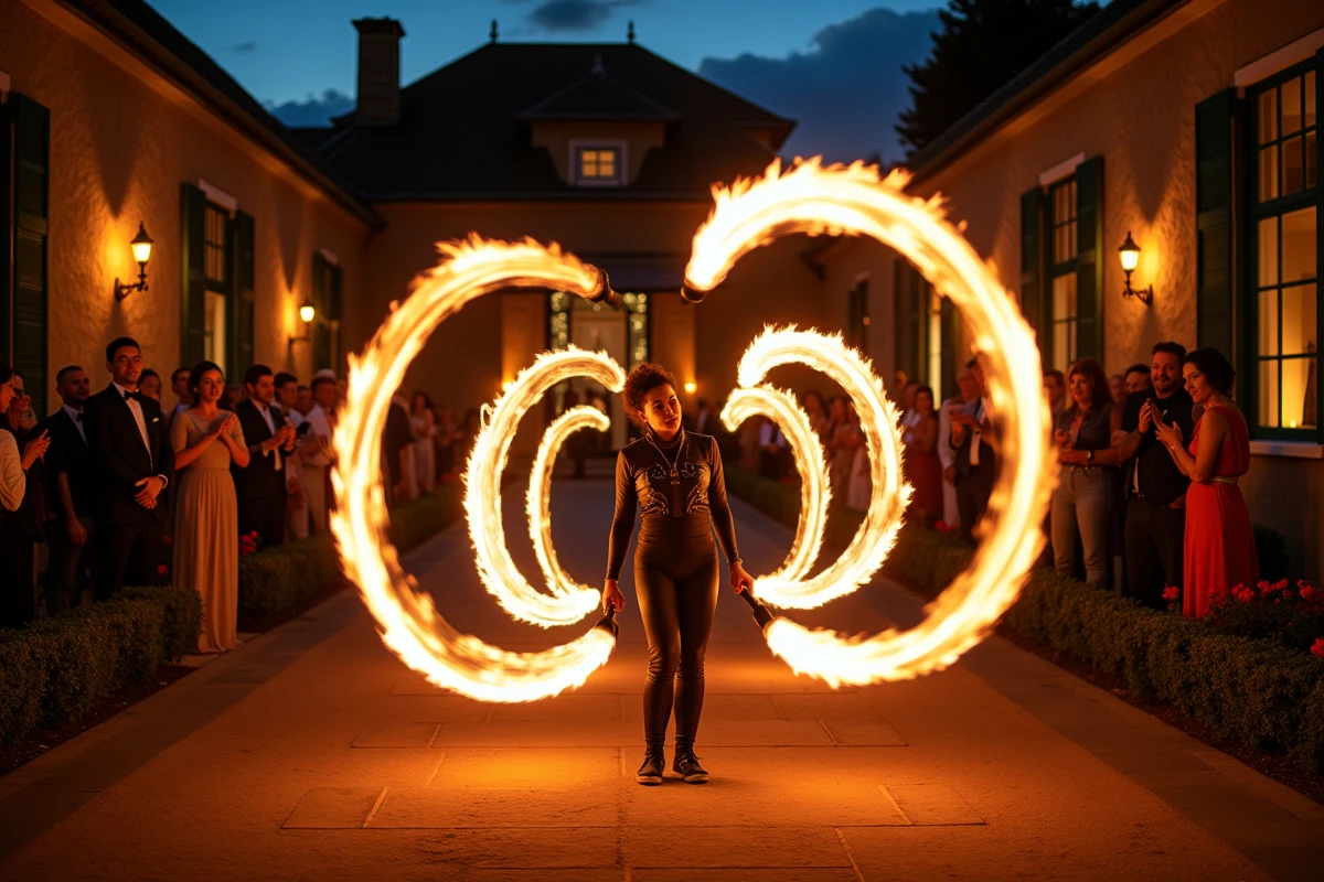 Artiste cracheur de feu se produisant devant des invités émerveillés lors d'une réception de mariage en plein air