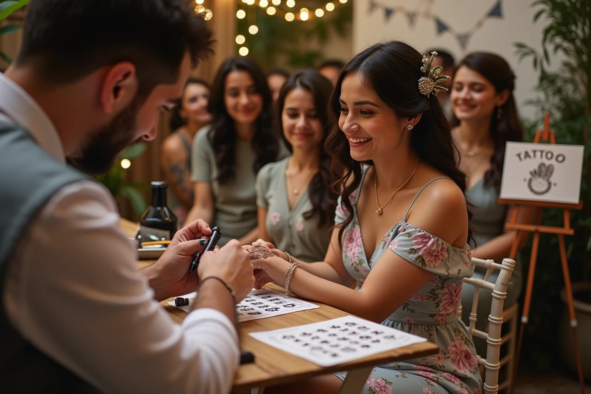 Artiste appliquant un tatouage éphémère personnalisé sur le poignet d'une invitée lors d'un mariage