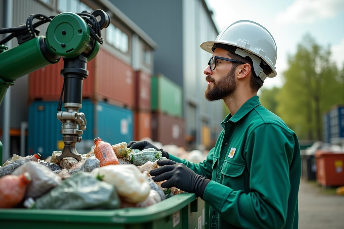 Technicien de gestion des déchets surveillant un bras robotique