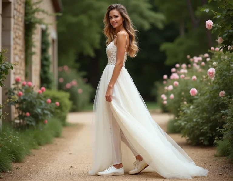 Mariée en robe de mariée ivoire et baskets blanches dans un jardin de campagne française