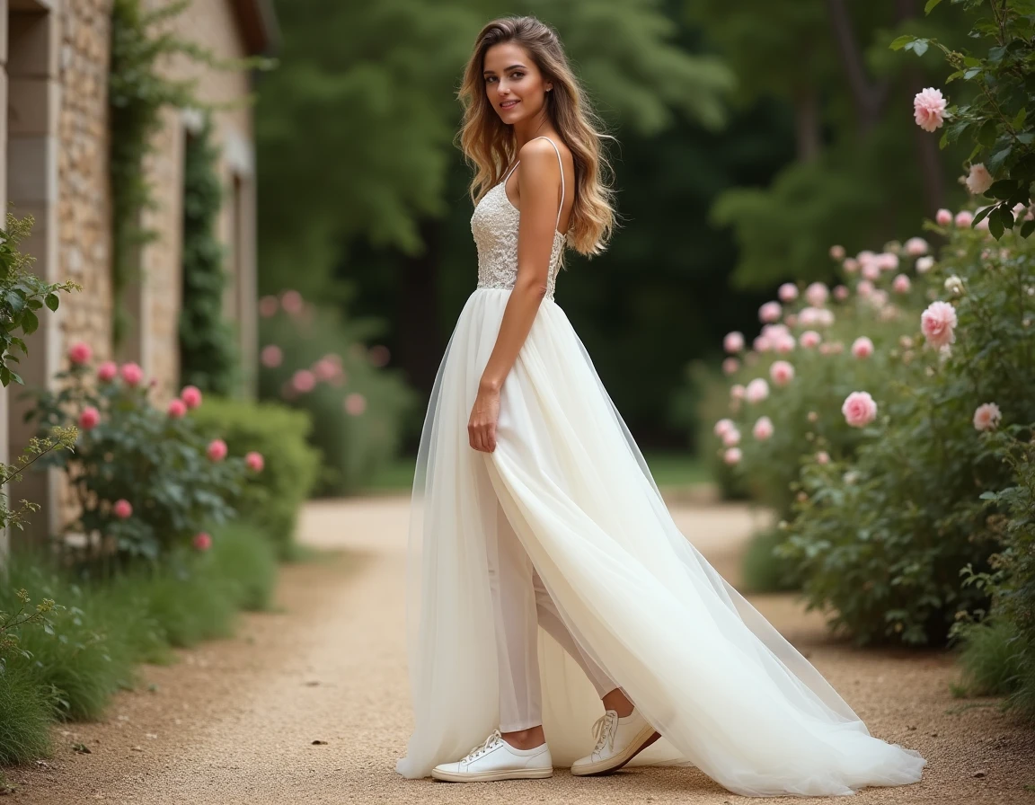 Mariée en robe de mariée ivoire et baskets blanches dans un jardin de campagne française
