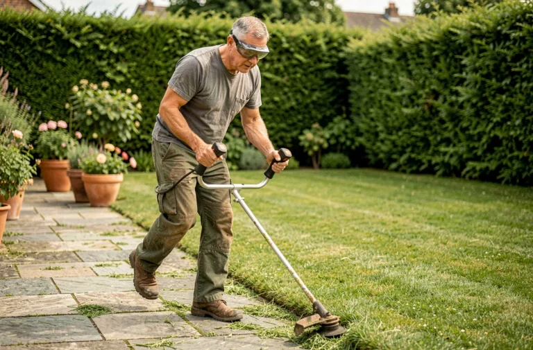 Homme utilisant un rotofil pour créer des bordures nettes le long d'un chemin de jardin en pierre