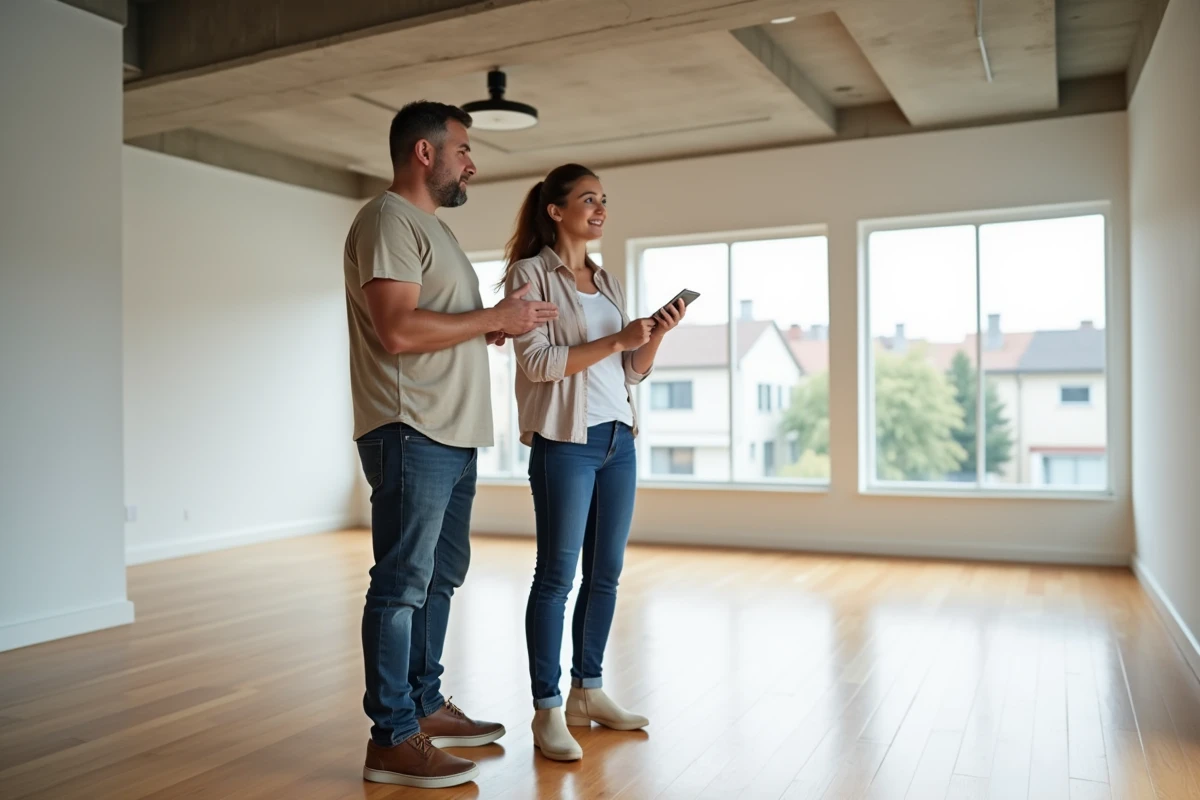 Couple visitant un appartement vide lors d'une visite immobilière pour un investissement locatif