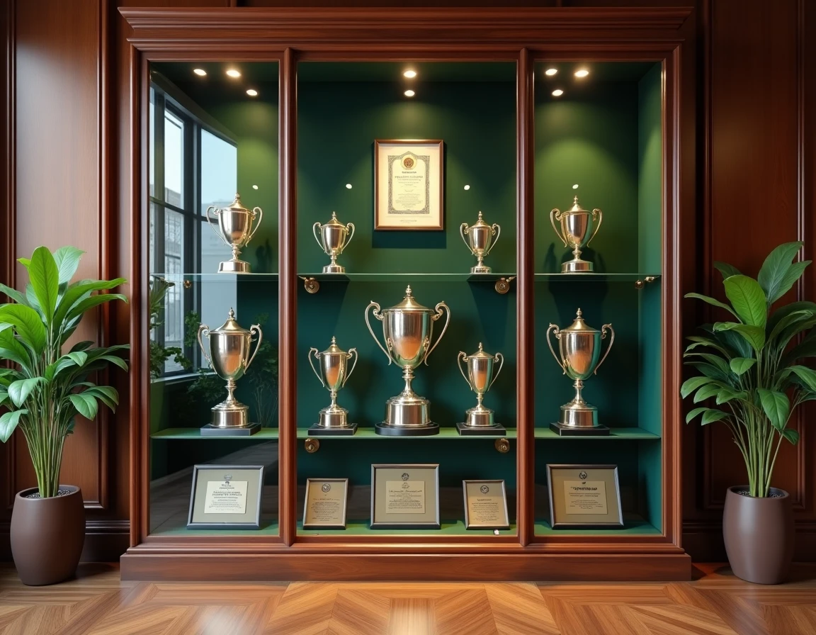 Vitrine de trophées et récompenses dans un club de tennis prestigieux présentant les prix des plus grands tournois mondiaux