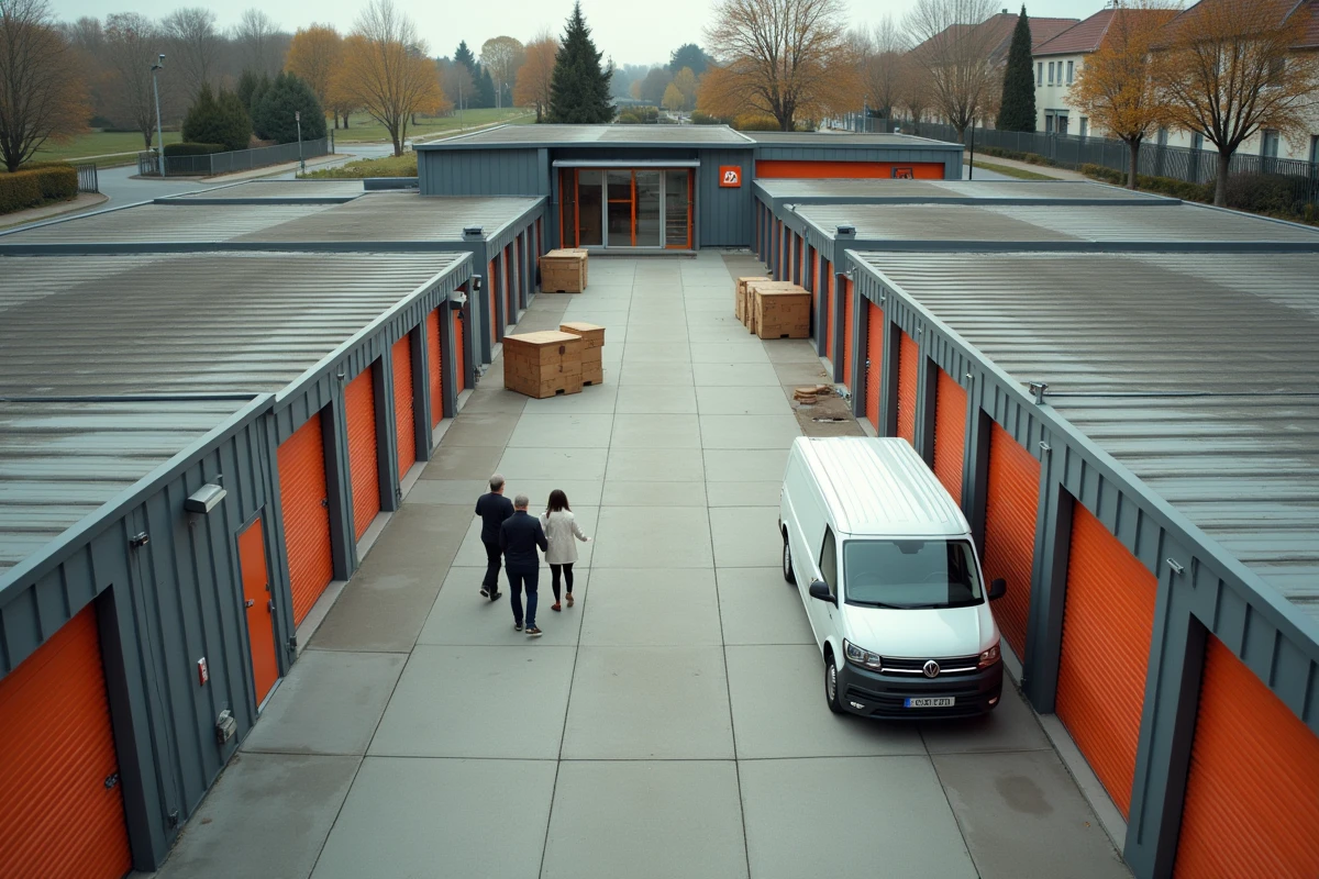 Vue aérienne d'un complexe de self-stockage moderne en zone périurbaine près de Pessac avec allées et box colorés